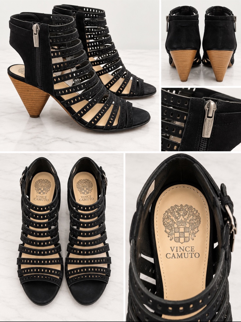 Vince Camuto Black Strappy Cutout Cone Heel Sandals